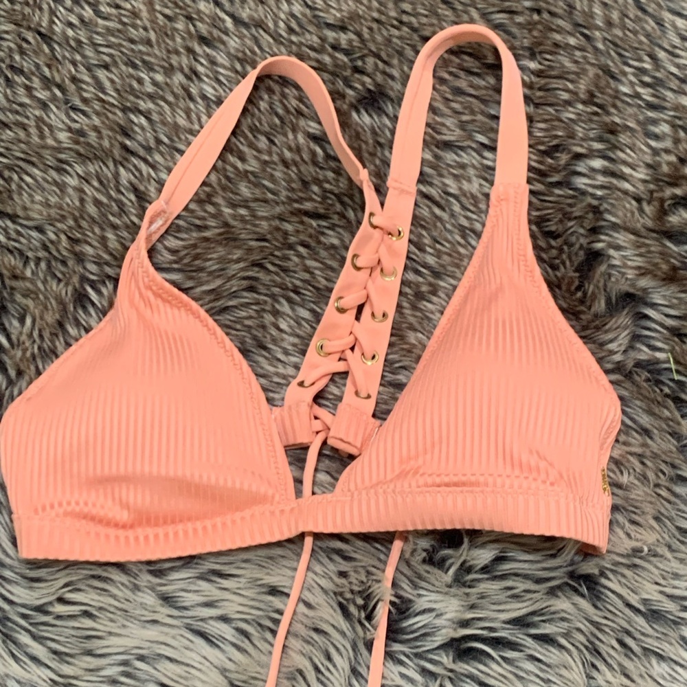 Pink Victoria’s Secret sultry peach ribbed lace up bikini top Size S